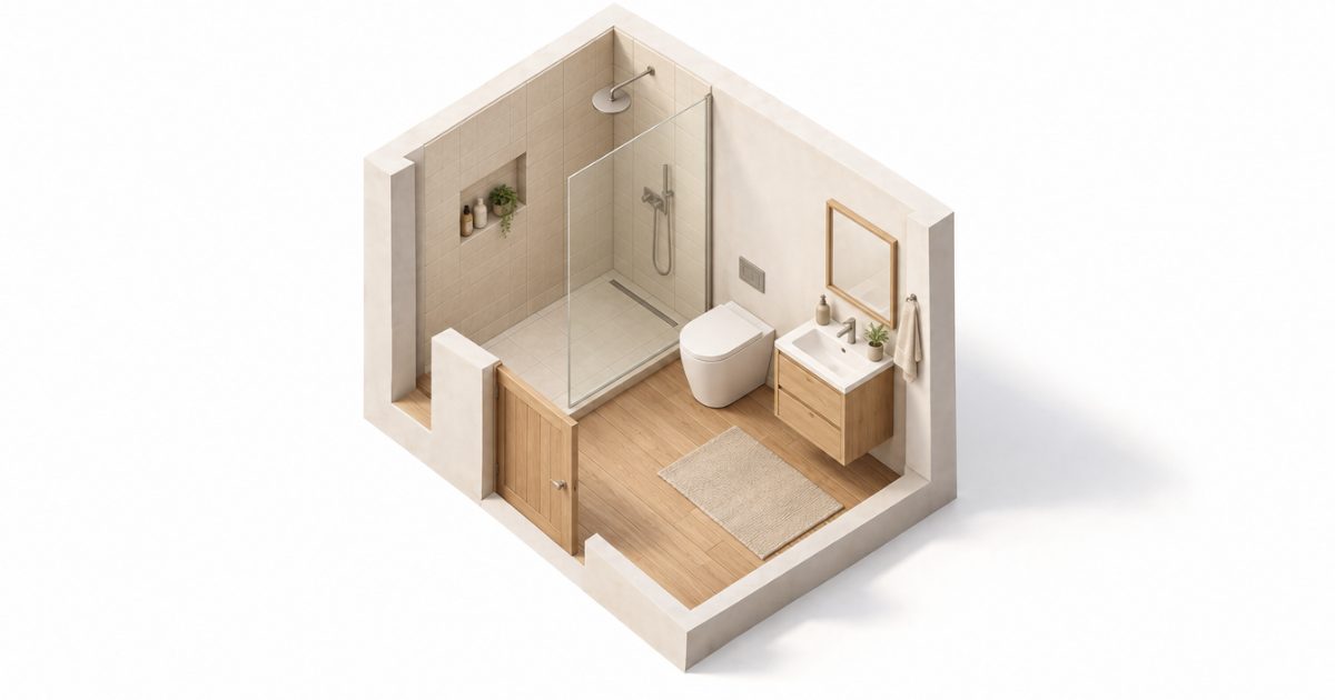 Ilustración de un baño donde la tina fue reemplazada por una ducha con mampara de vidrio