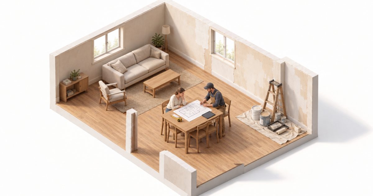 Una profesional y un cliente revisan planos de una remodelación