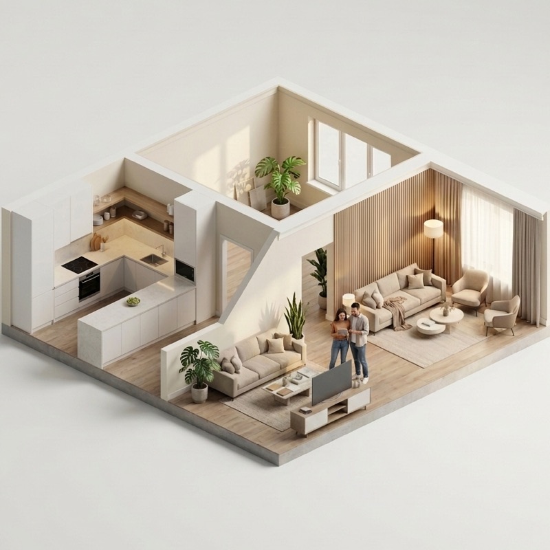 Una pareja revisa su presupuesto en el departamento remodelado